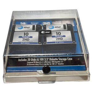 AT&T Floppy 3.5 Inch Disk Storage Case Plastic with 20 Diskettes New Sealed